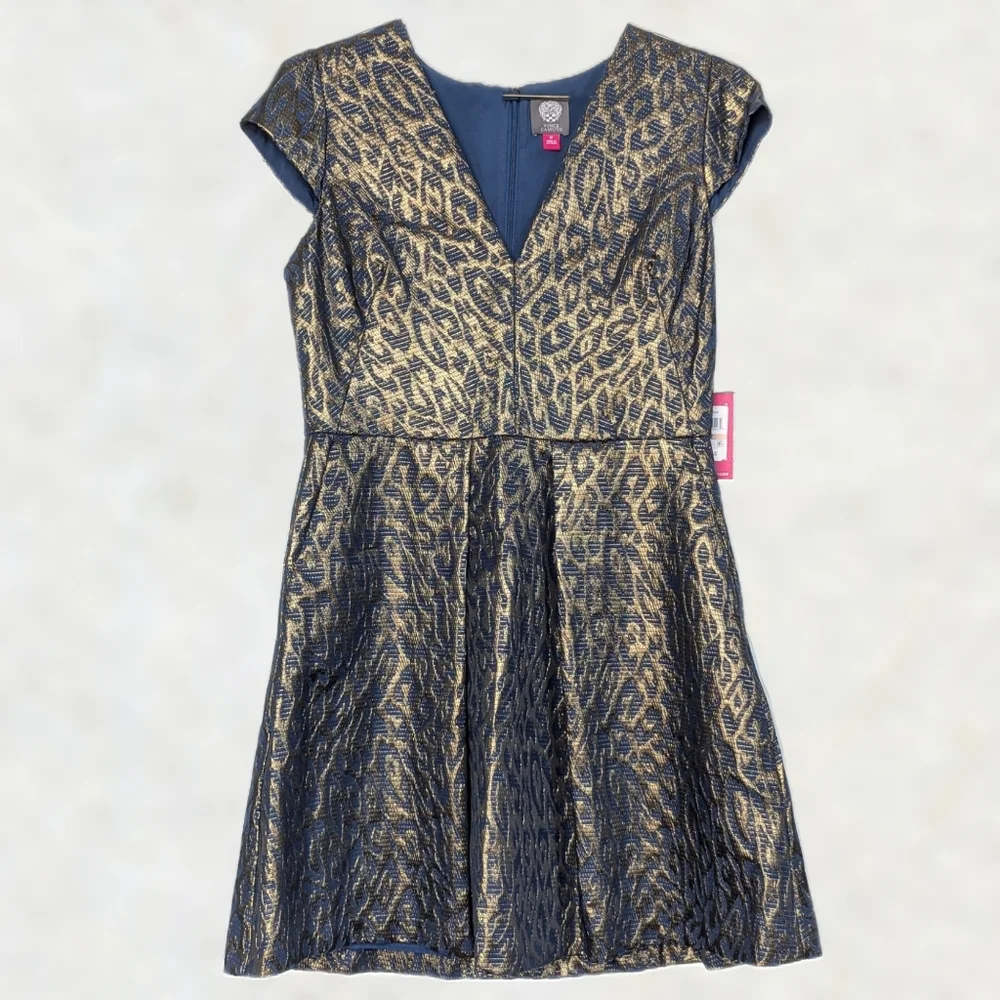 Vince Camuto Metallic Leopard Print Jaquard Fit And Flare Dress sz 12 - Picture 3 of 11